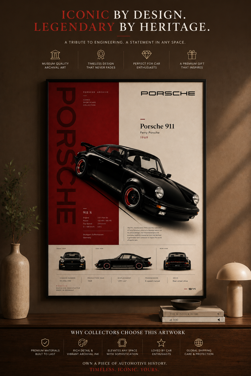 Porsche 911 1969 Vintage Poster Print - Classic Sports Car Wall Art for Man Cave