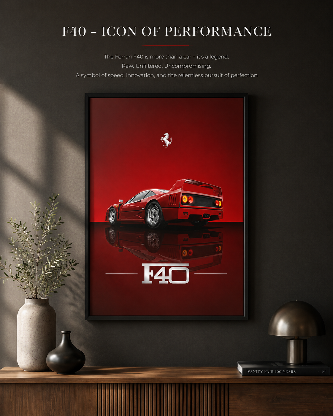 Ferrari F40 Wall Art Print | Rosso Corsa Rear View Supercar Poster