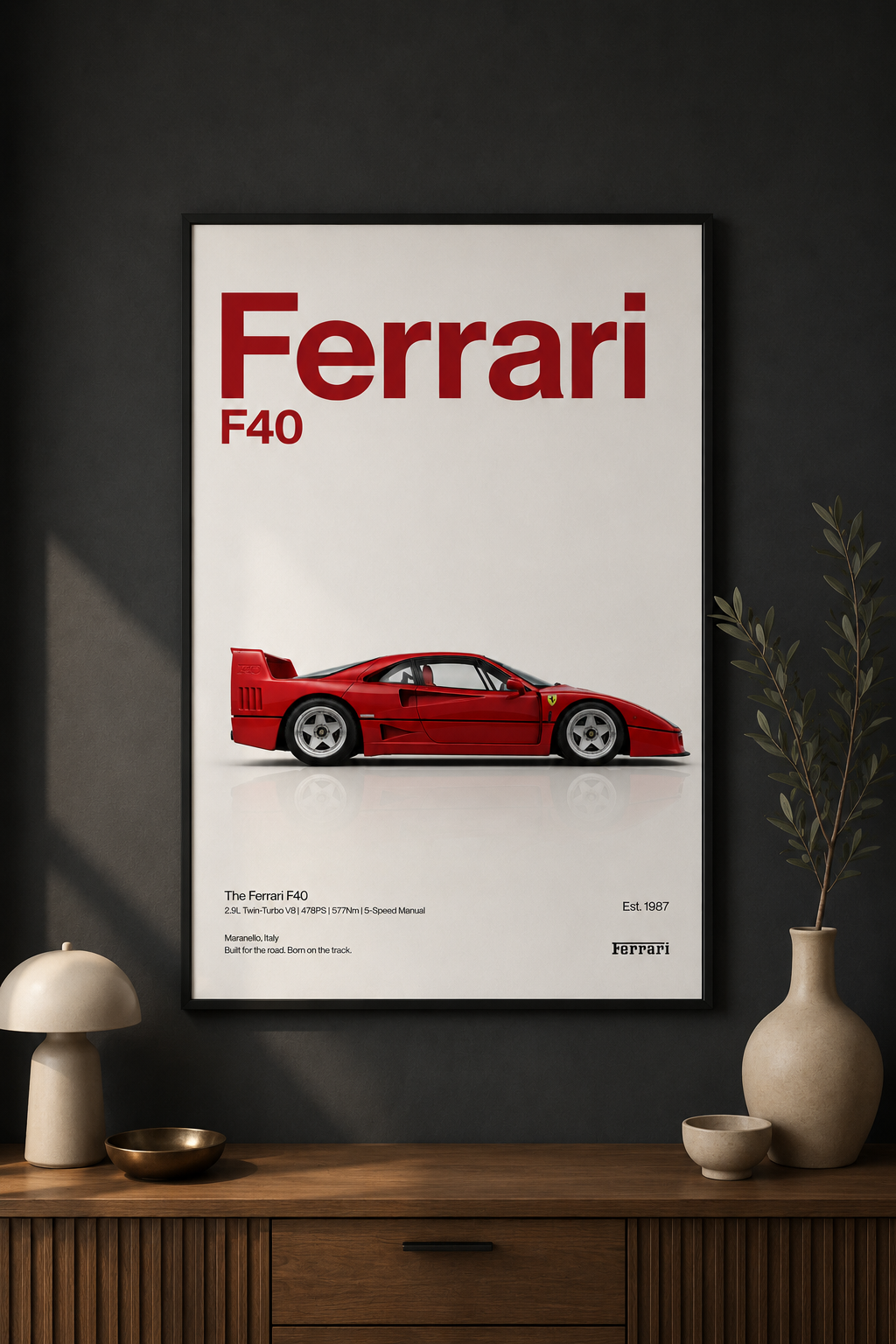 Ferrari F40 Wall Art Print | Minimalist Red Supercar Poster