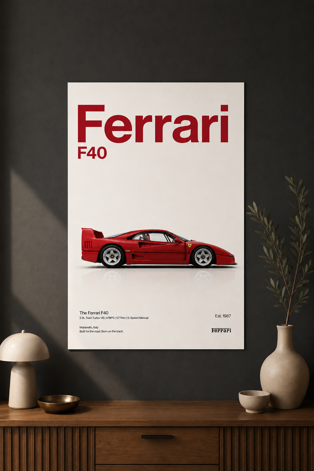 Ferrari F40 Wall Art Print | Minimalist Red Supercar Poster