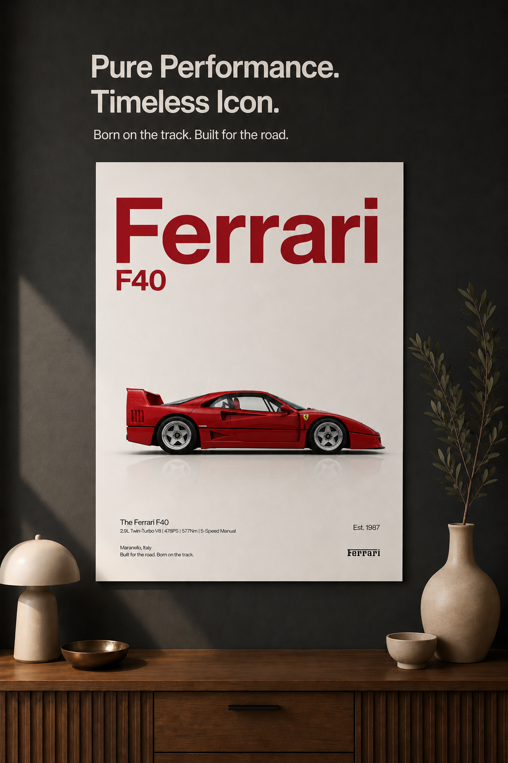 Ferrari F40 Wall Art Print | Minimalist Red Supercar Poster