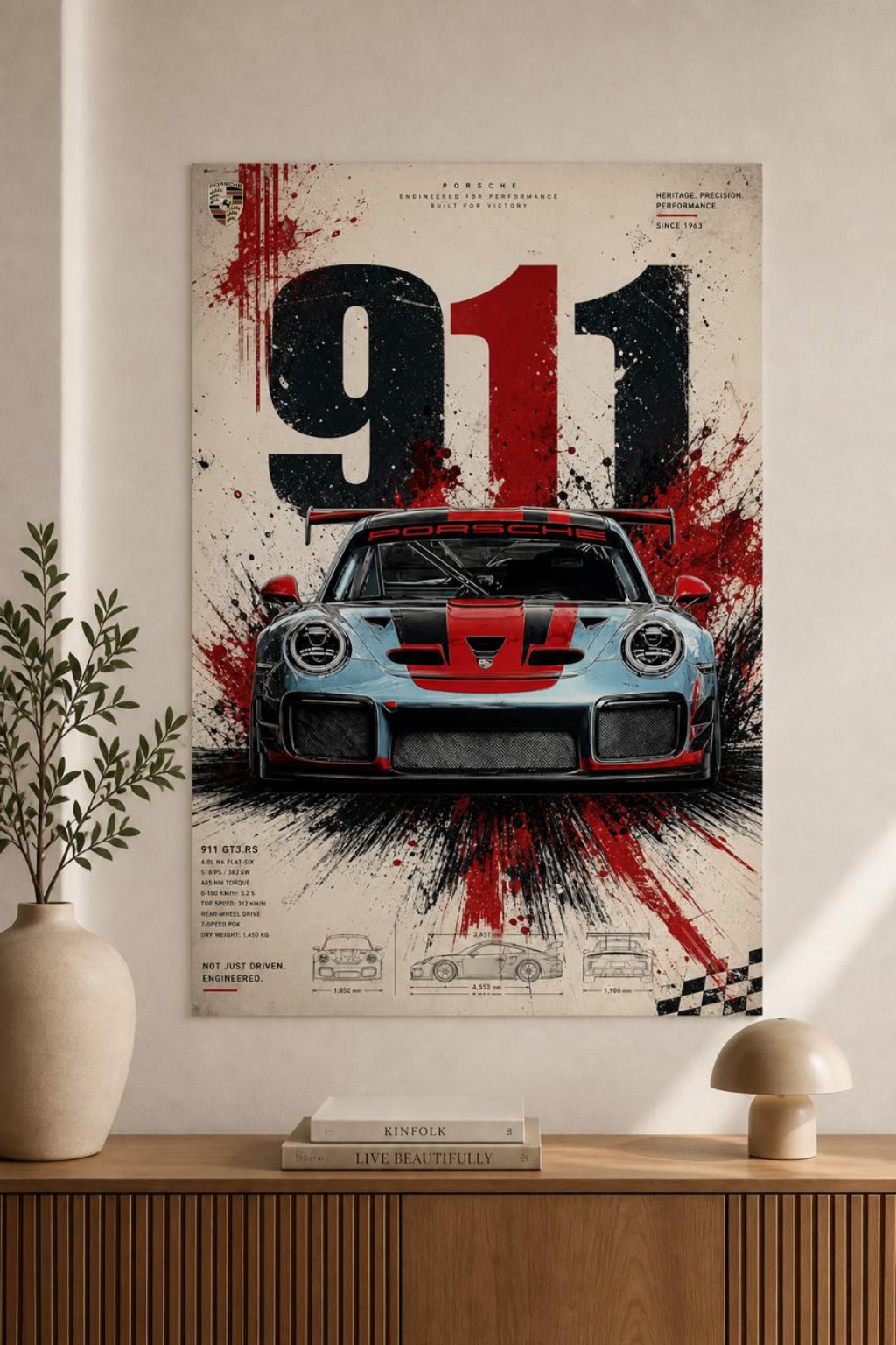 Porsche 911 GT3 RS Blueprint Poster | Technical Race Wall Art | Car Gift
